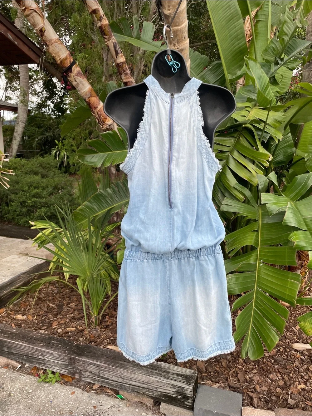 Light Blue Denim Romper with rock fringe edges